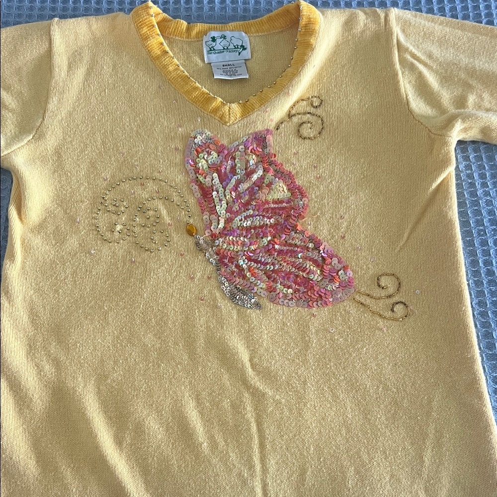 Quacker Factory Yellow Long Sleeve Tee with Sequin Butterfly